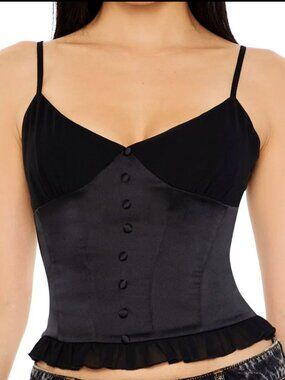 Women's Black Satin Corset Tank Hook & Eye Ruffles Size Medium NWT